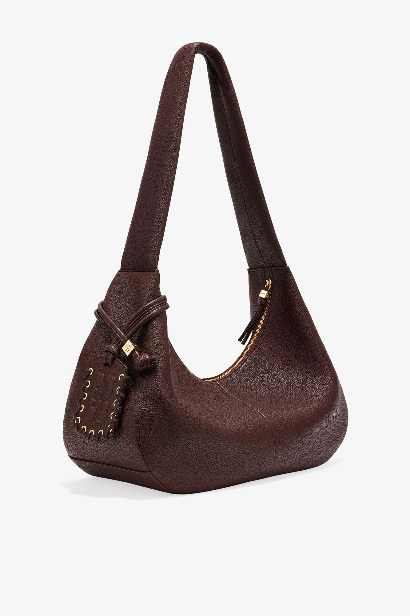 GANNI Online Chicory Coffee Brown Grained Medium Hobo Bag