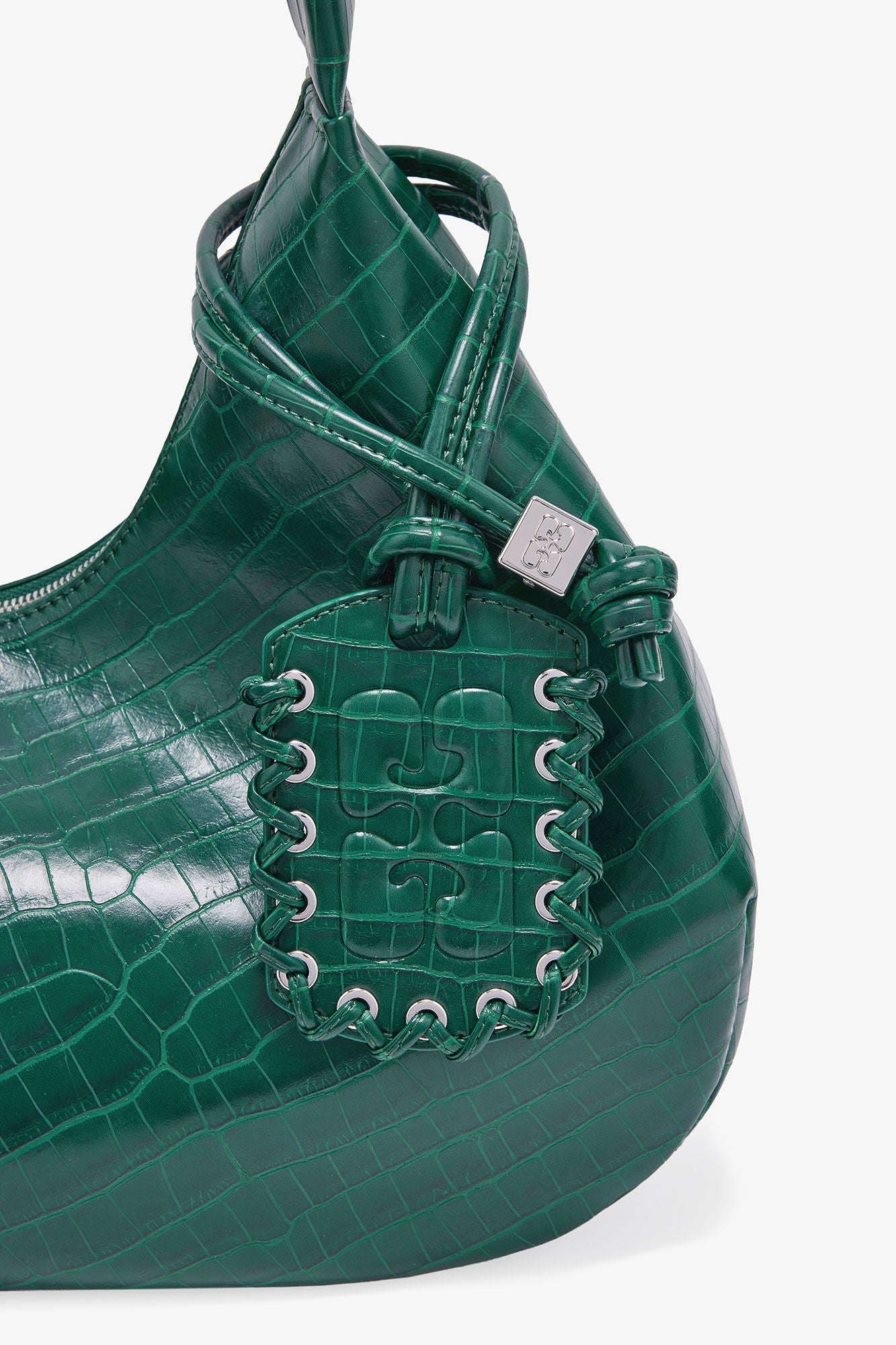 GANNI Online Pineneedle Green Croco Medium Hobo Bag