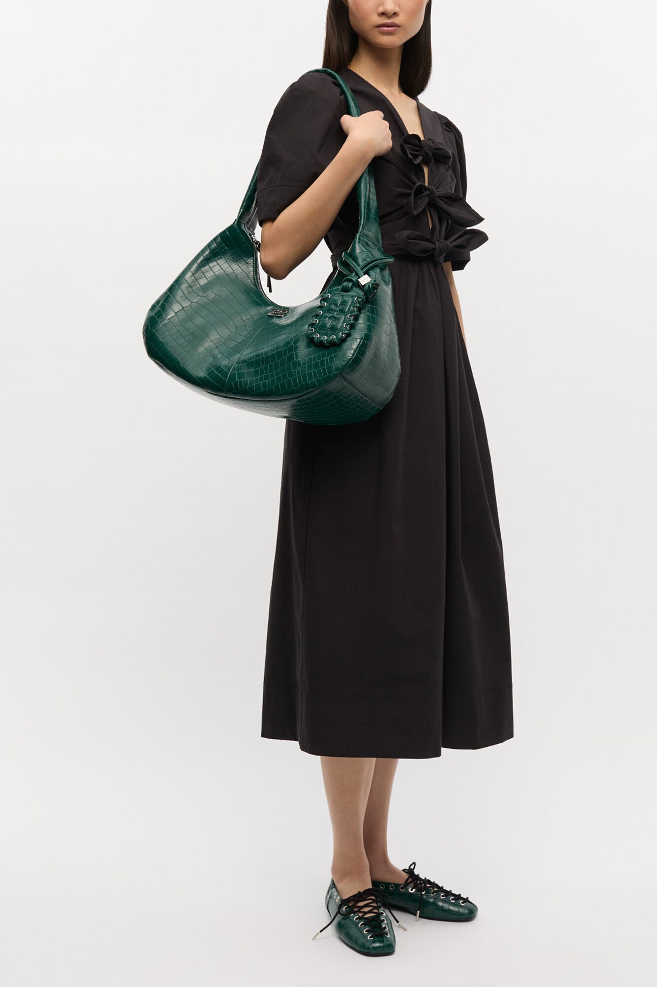GANNI Online Pineneedle Green Croco Medium Hobo Bag