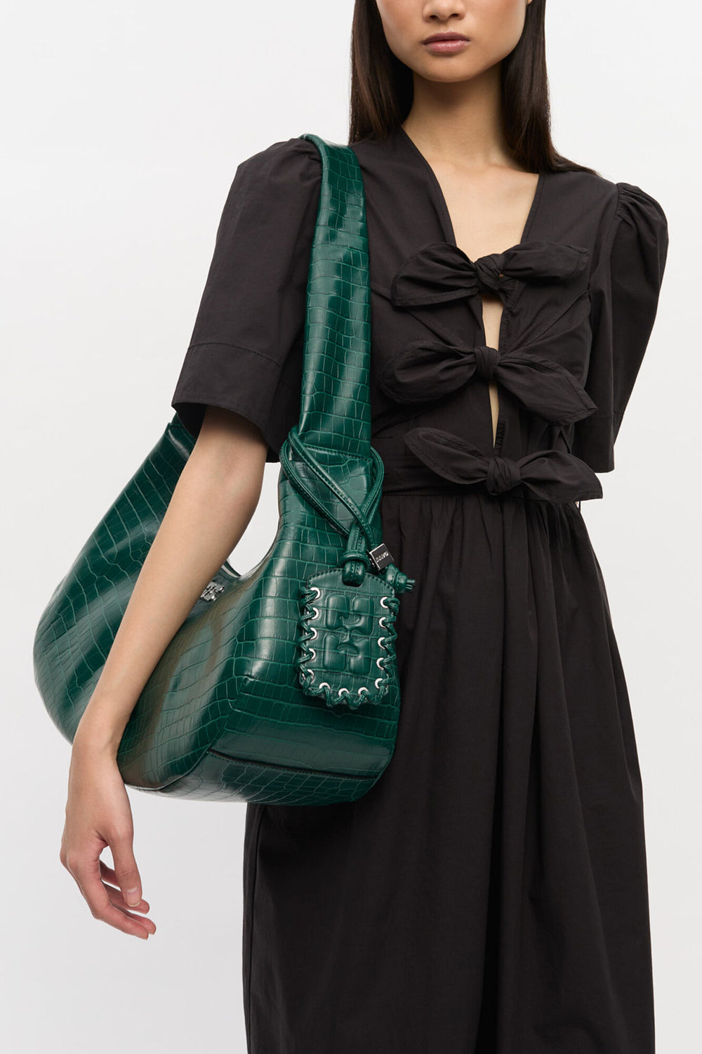 GANNI Online Pineneedle Green Croco Medium Hobo Bag