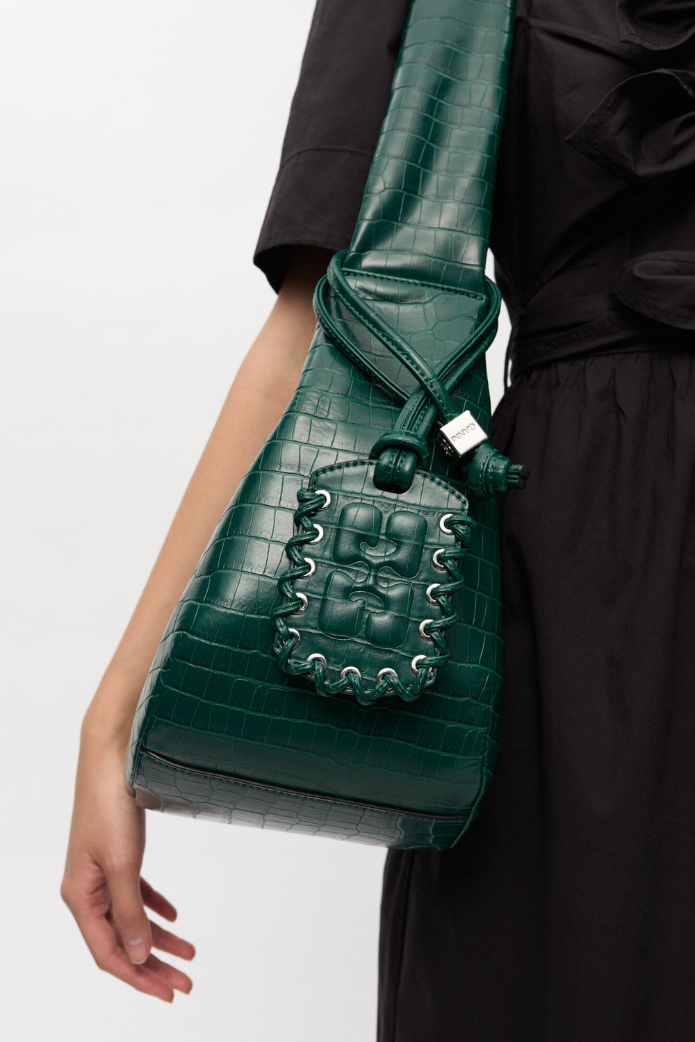 GANNI Online Pineneedle Green Croco Medium Hobo Bag
