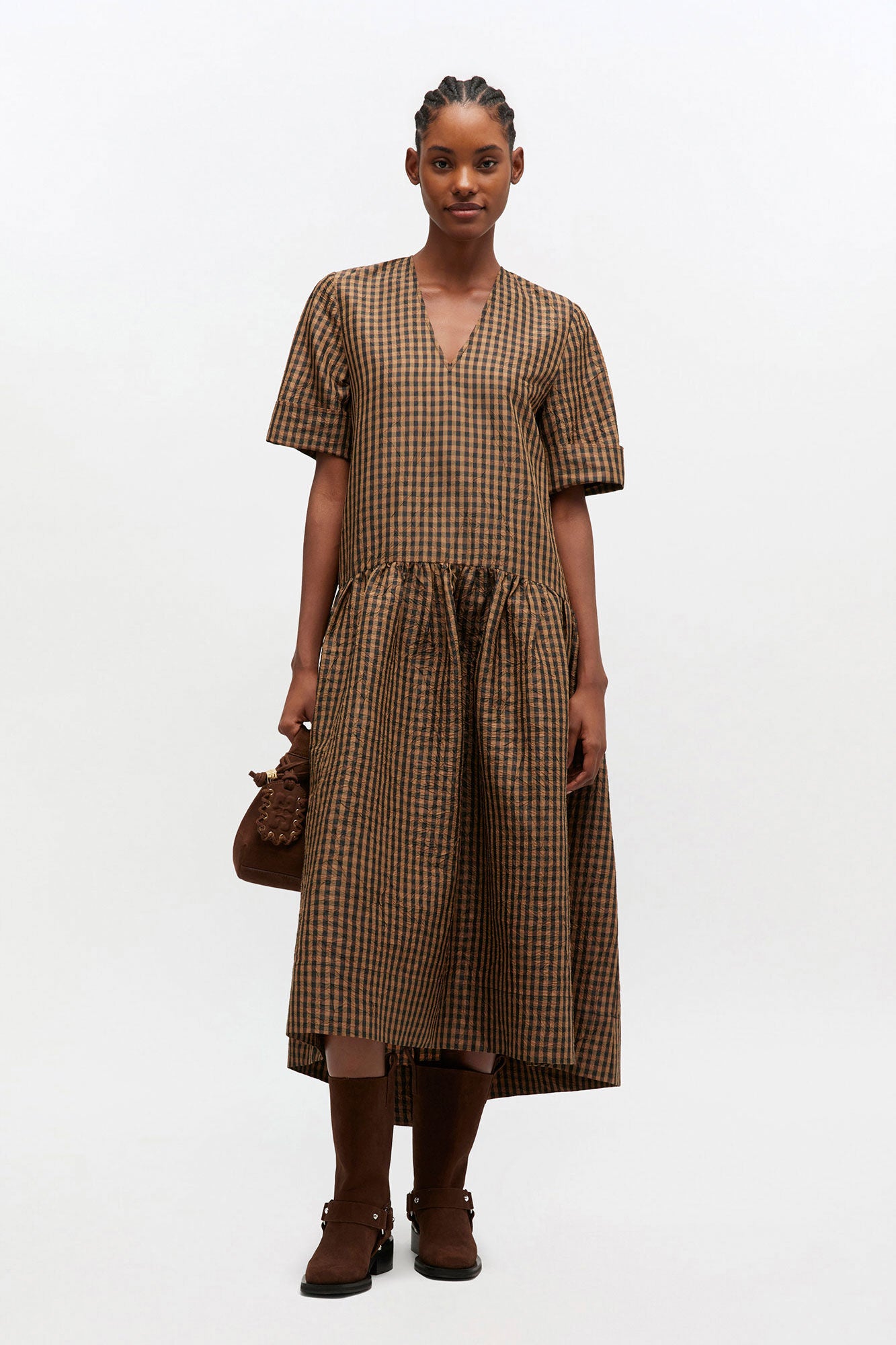 GANNI Online Crinkled Check Long Dress