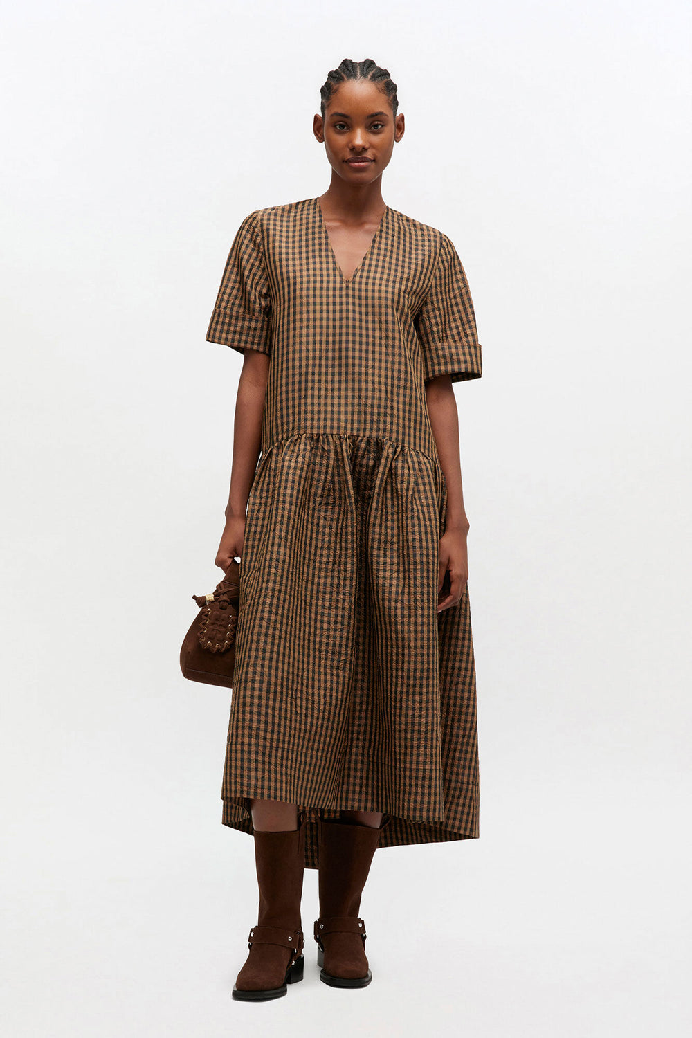 GANNI Online Crinkled Check Long Dress