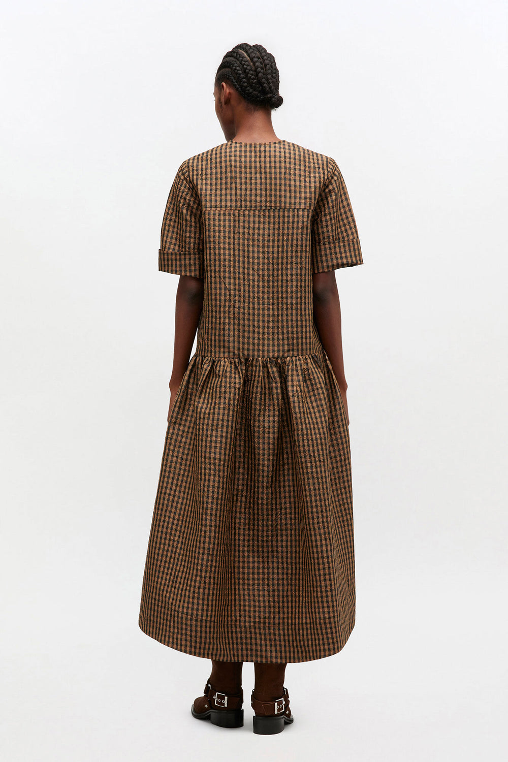 GANNI Online Crinkled Check Long Dress