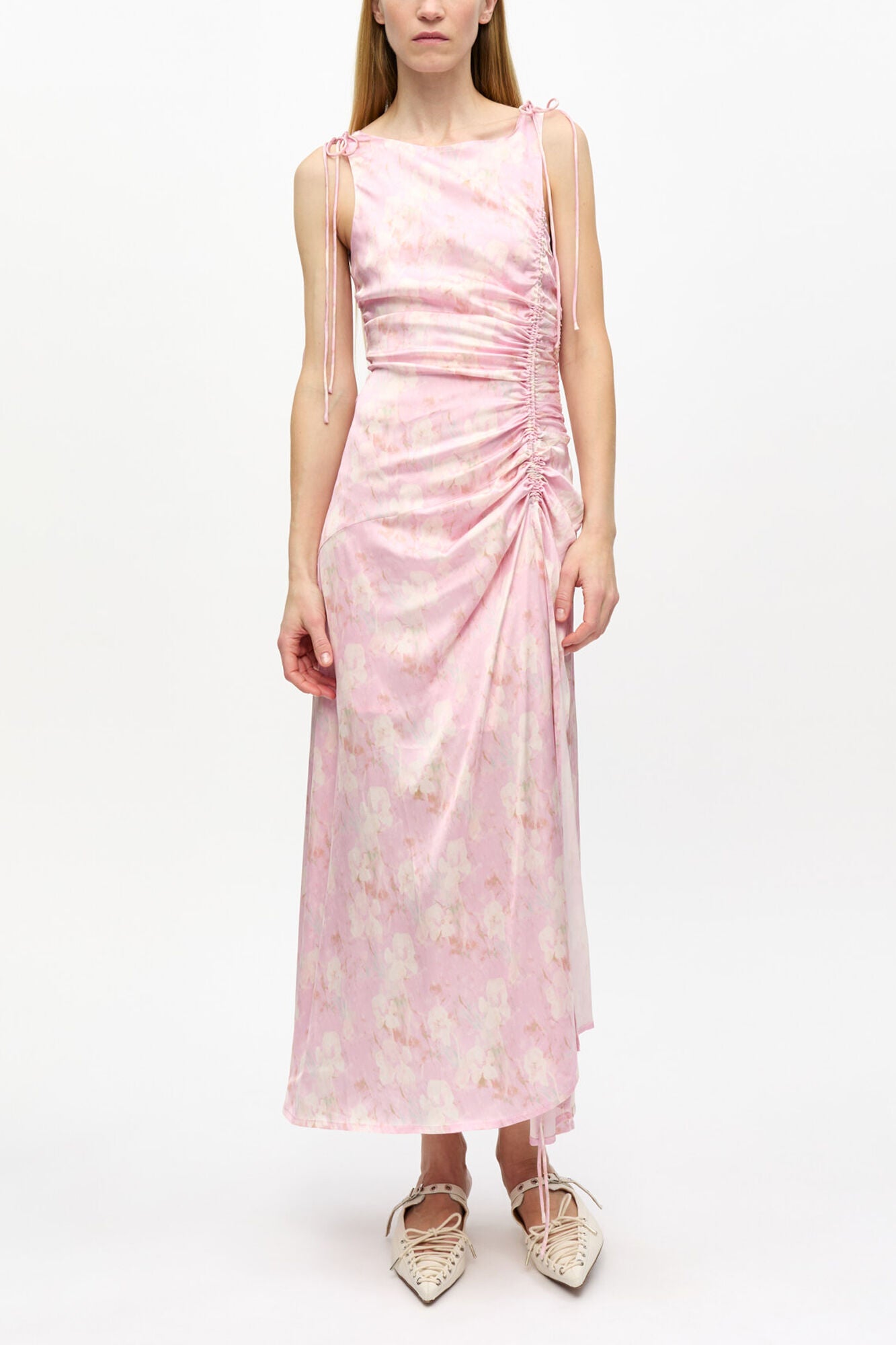 GANNI Hot Sale Pink Printed Satin Gathered Dress
