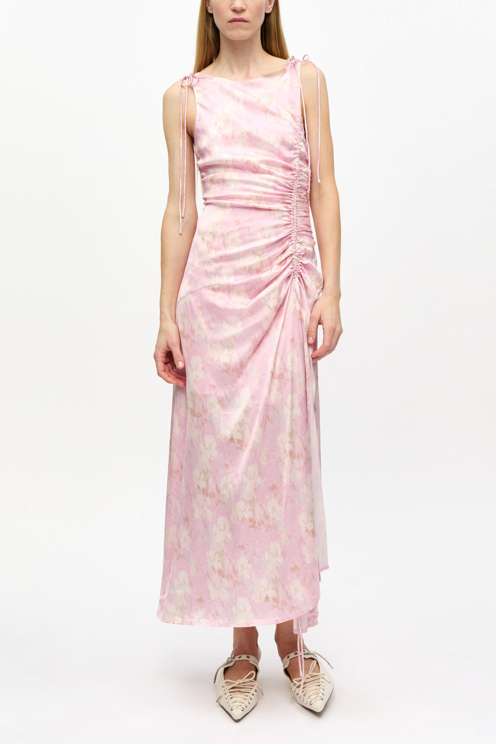 GANNI Hot Sale Pink Printed Satin Gathered Dress