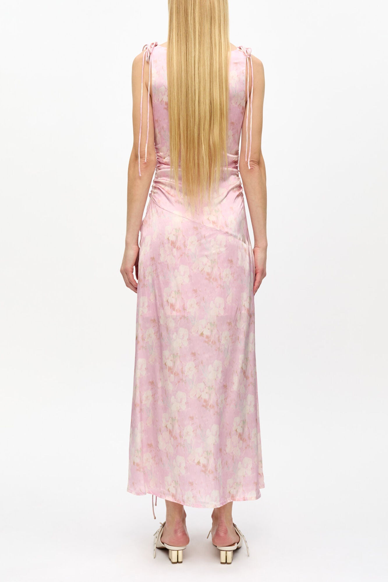 GANNI Hot Sale Pink Printed Satin Gathered Dress