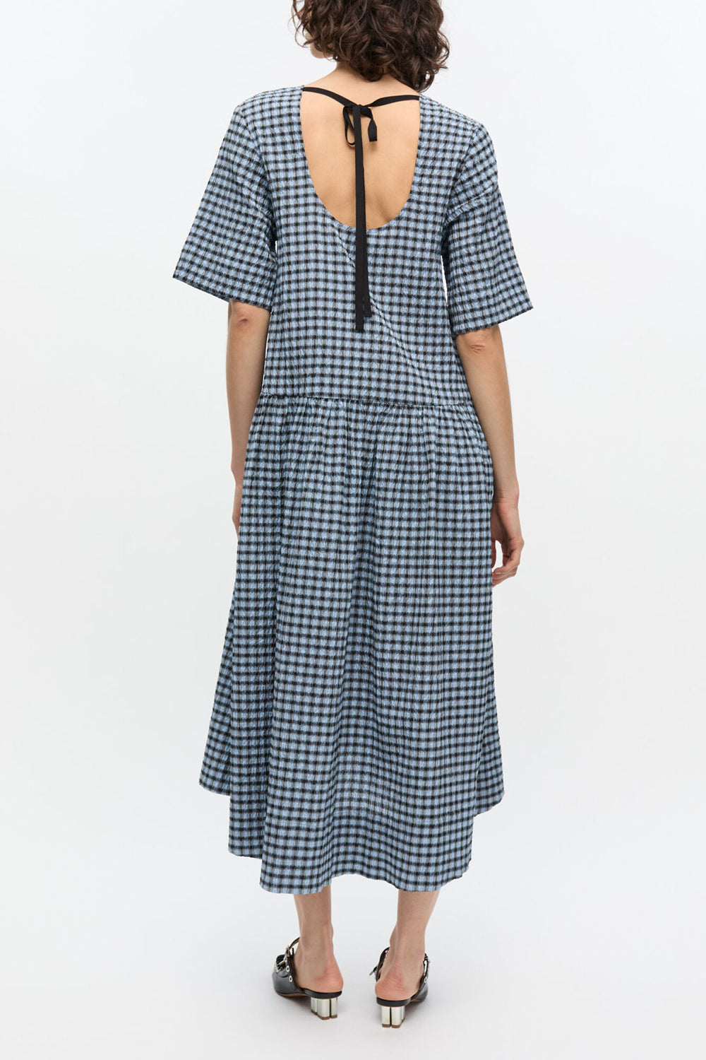 GANNI On Sale Blue Seersucker Check Midi Dress