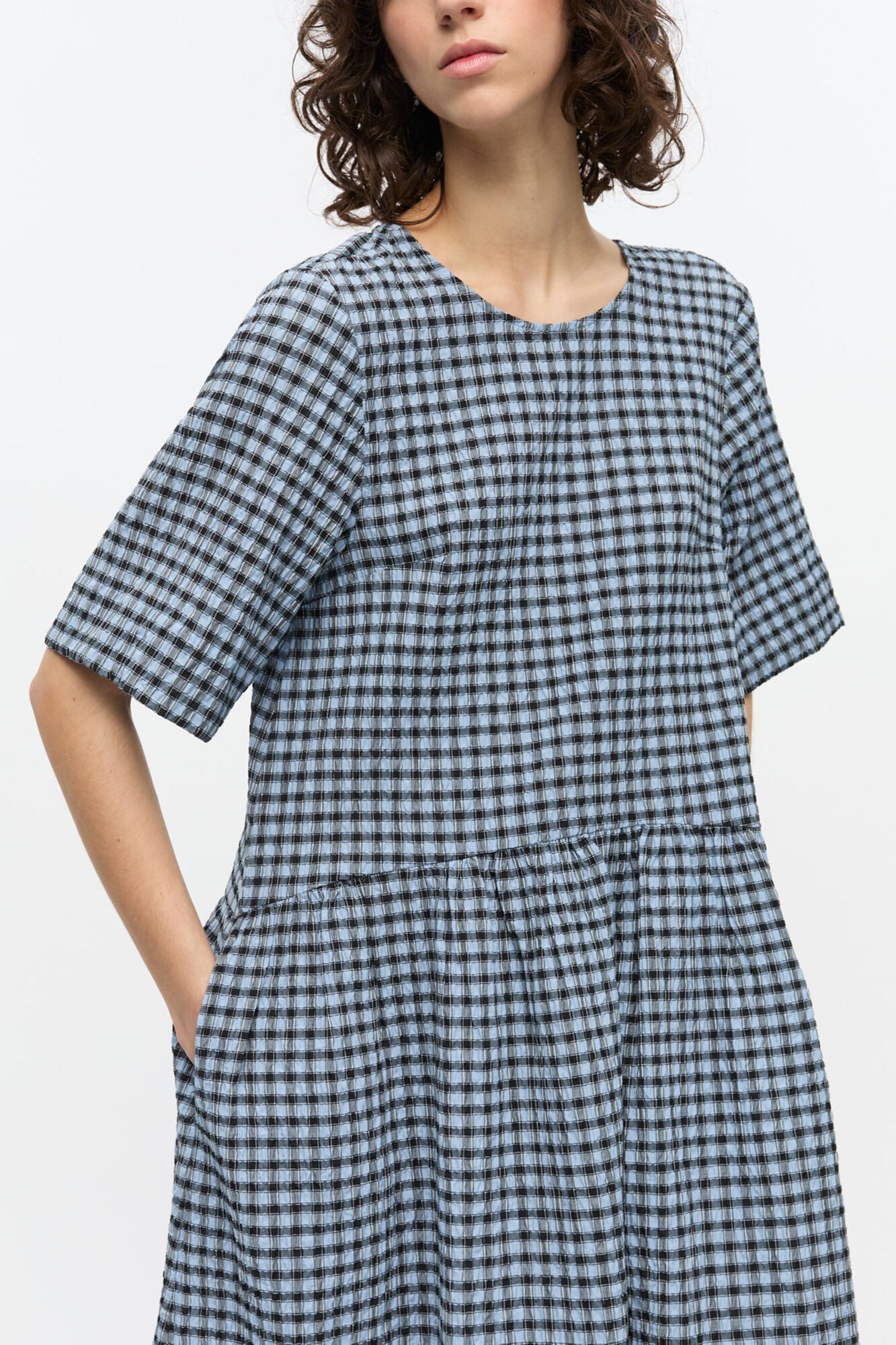 GANNI On Sale Blue Seersucker Check Midi Dress