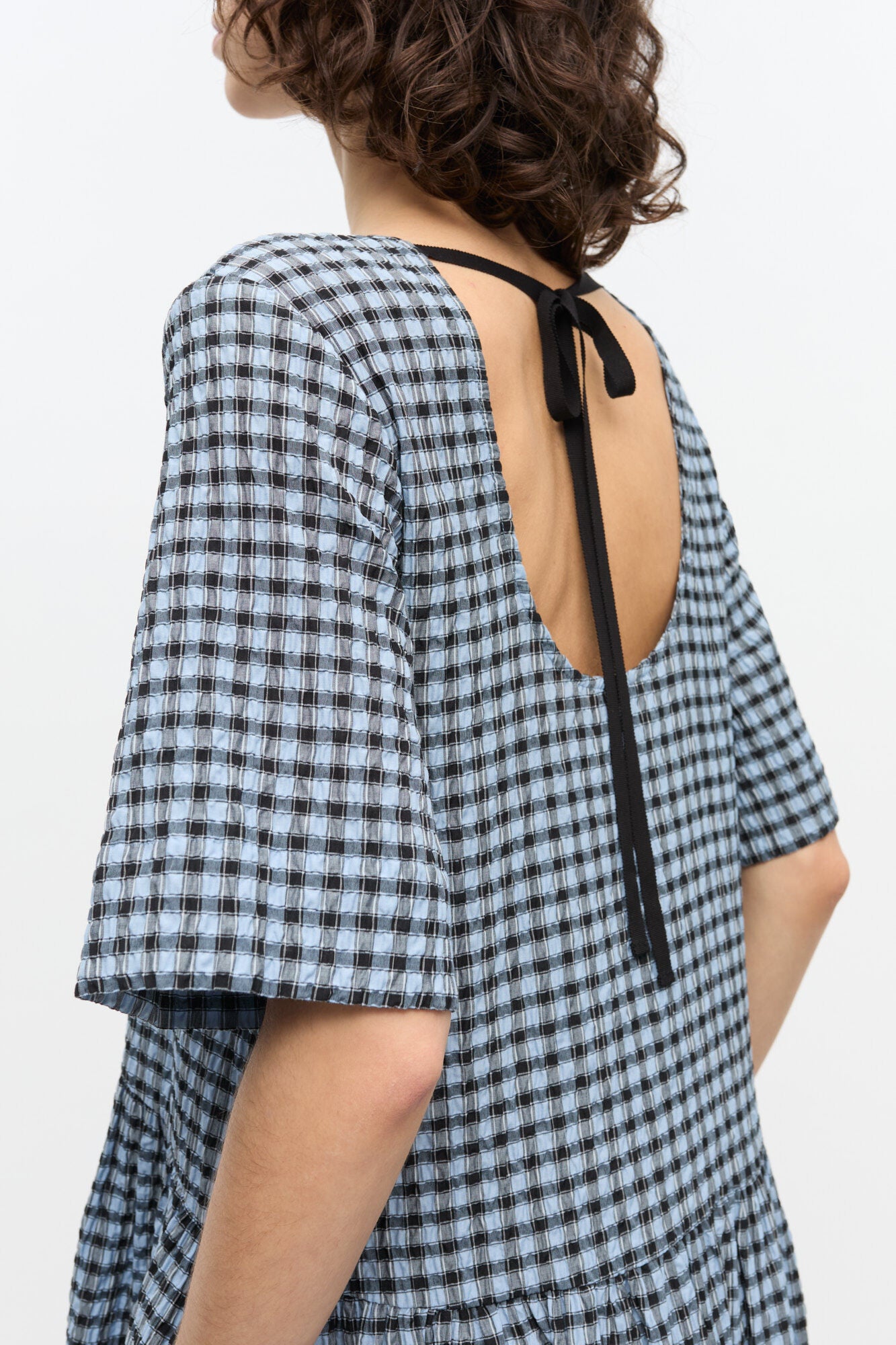 GANNI On Sale Blue Seersucker Check Midi Dress
