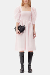 GANNI Outlet Pink Cotton Poplin Open Neck Smock Dress