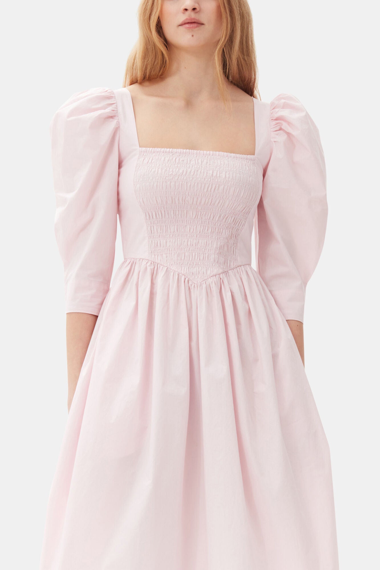 GANNI Outlet Pink Cotton Poplin Open Neck Smock Dress