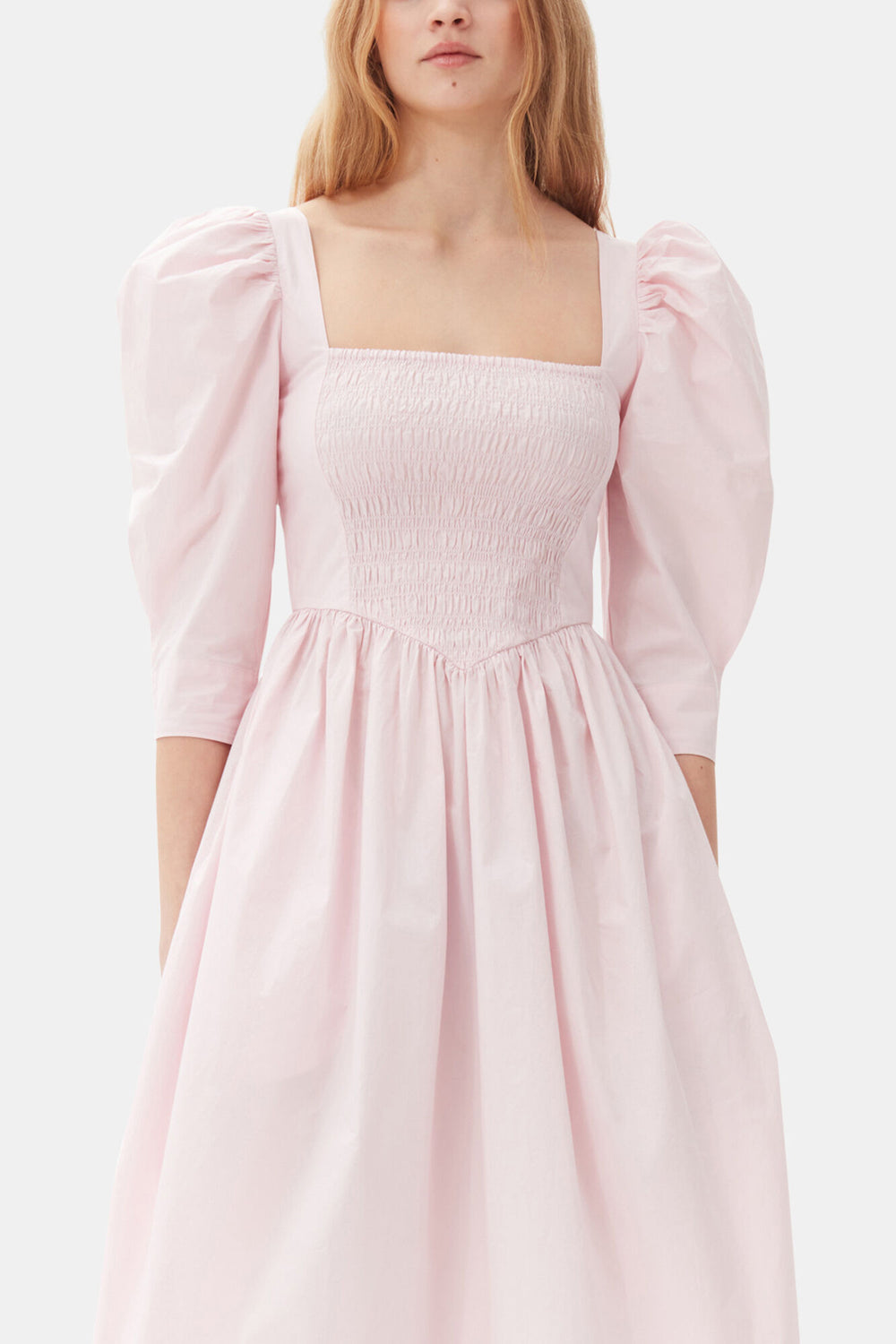 GANNI Outlet Pink Cotton Poplin Open Neck Smock Dress