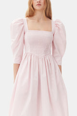 GANNI Outlet Pink Cotton Poplin Open Neck Smock Dress