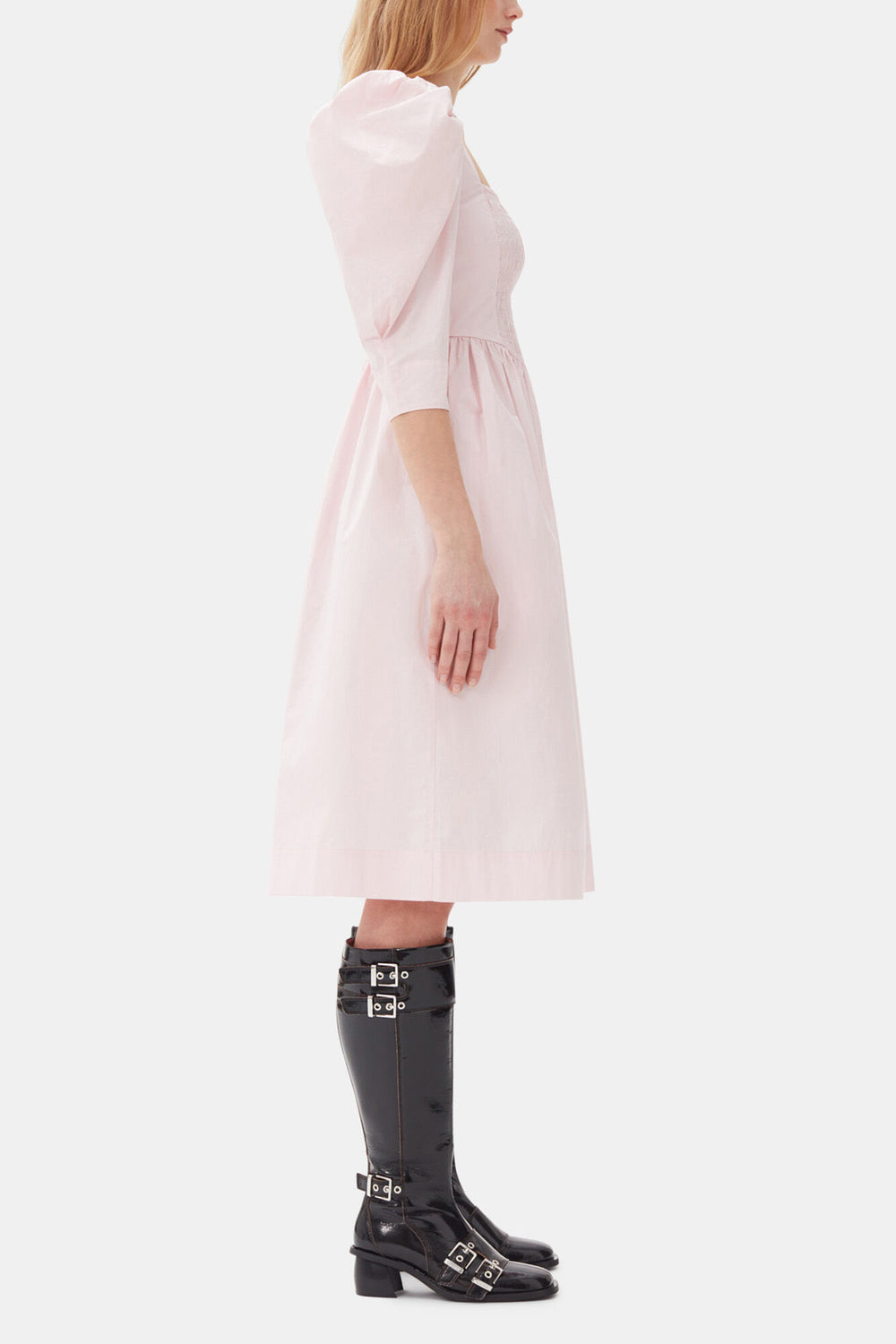 GANNI Outlet Pink Cotton Poplin Open Neck Smock Dress