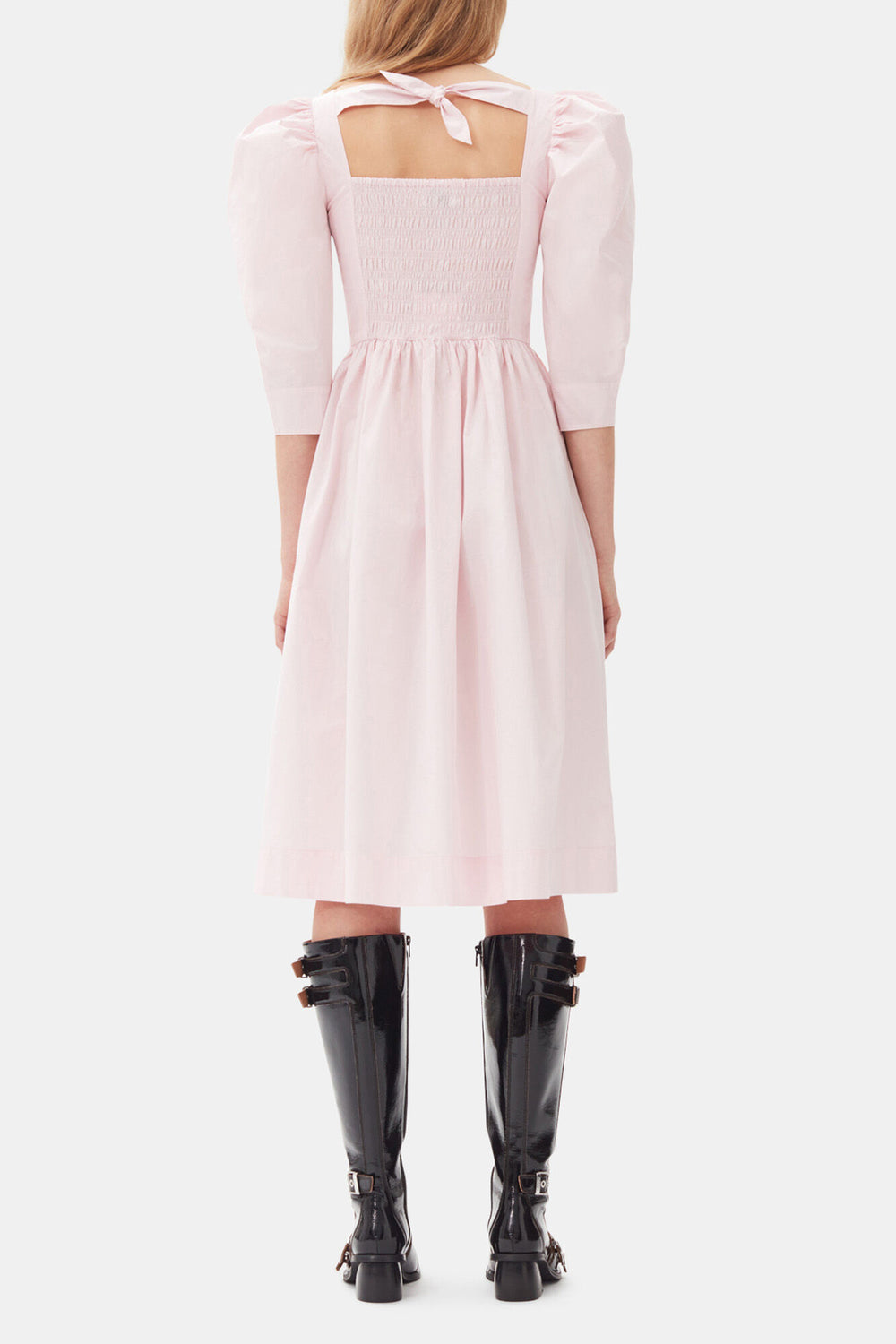 GANNI Outlet Pink Cotton Poplin Open Neck Smock Dress