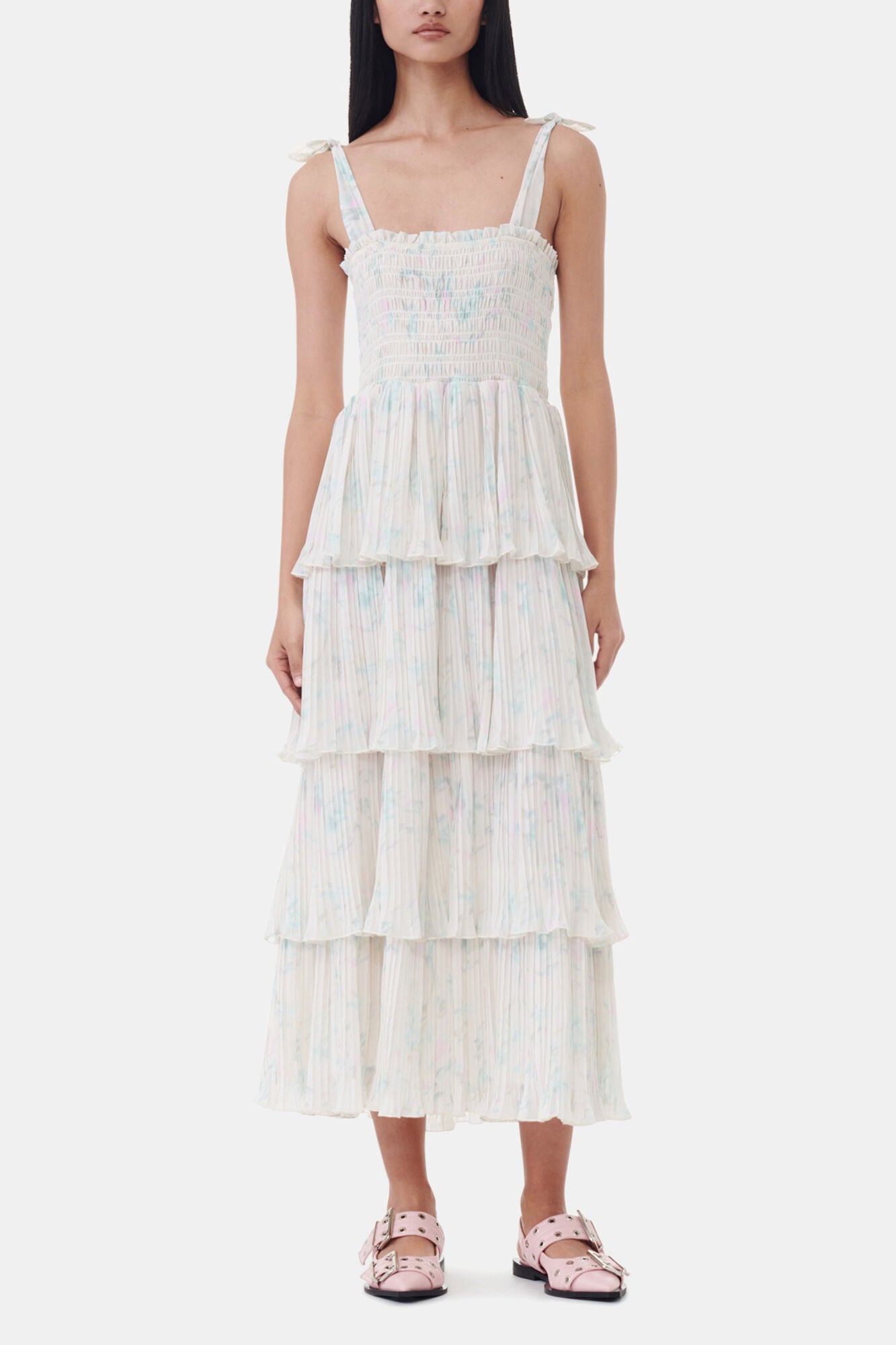 GANNI New Floral Printed Pleated Georgette Strap Smock Midi Dress