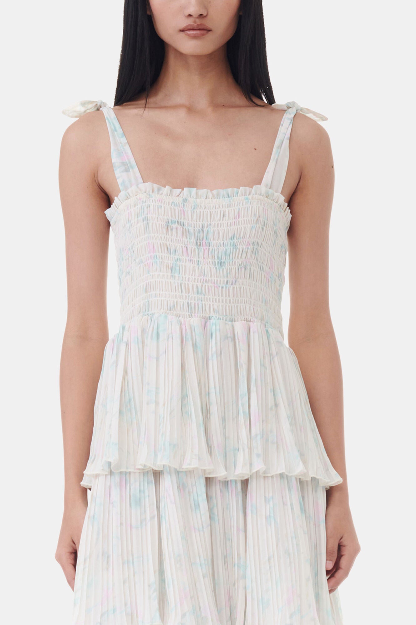 GANNI New Floral Printed Pleated Georgette Strap Smock Midi Dress