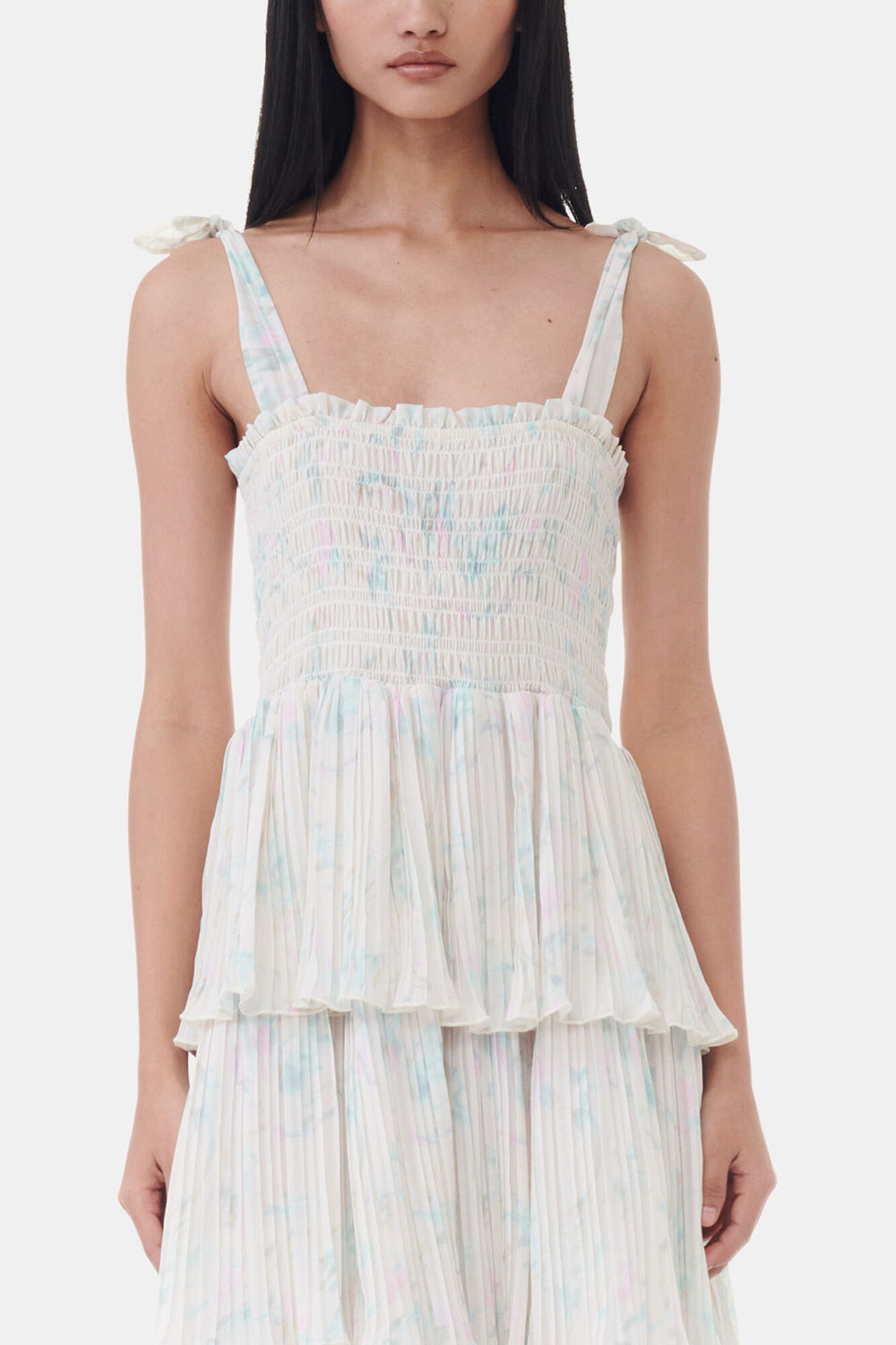 GANNI New Floral Printed Pleated Georgette Strap Smock Midi Dress