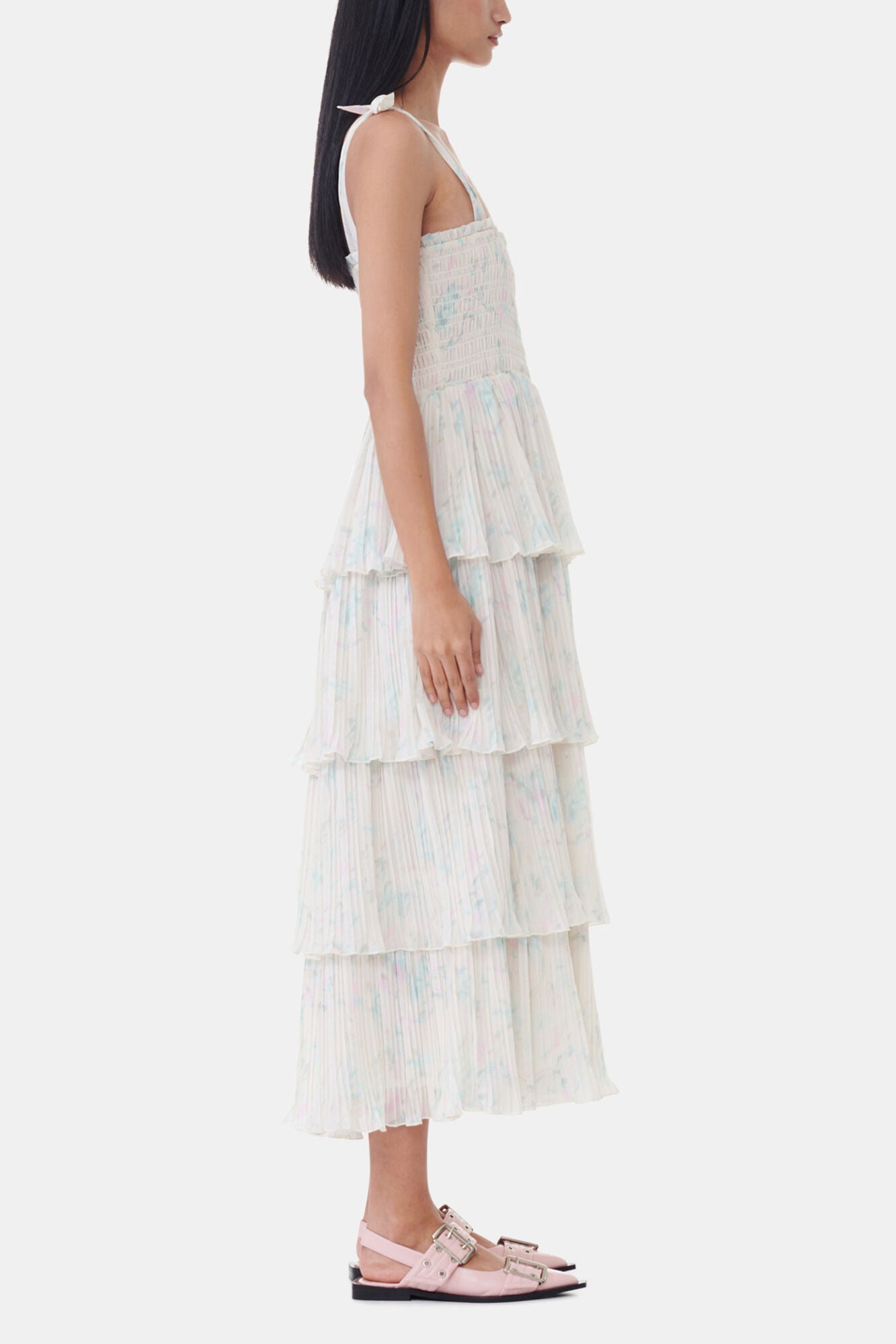 GANNI New Floral Printed Pleated Georgette Strap Smock Midi Dress