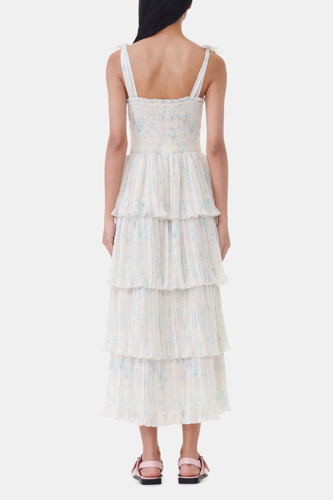 GANNI New Floral Printed Pleated Georgette Strap Smock Midi Dress