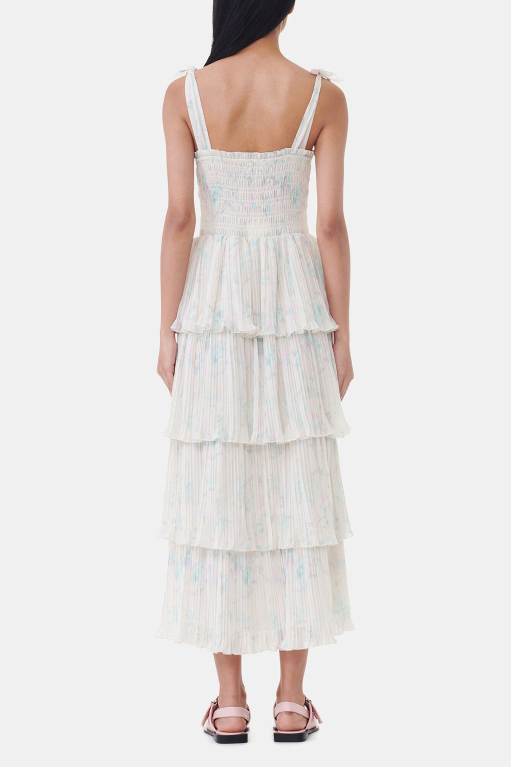 GANNI New Floral Printed Pleated Georgette Strap Smock Midi Dress