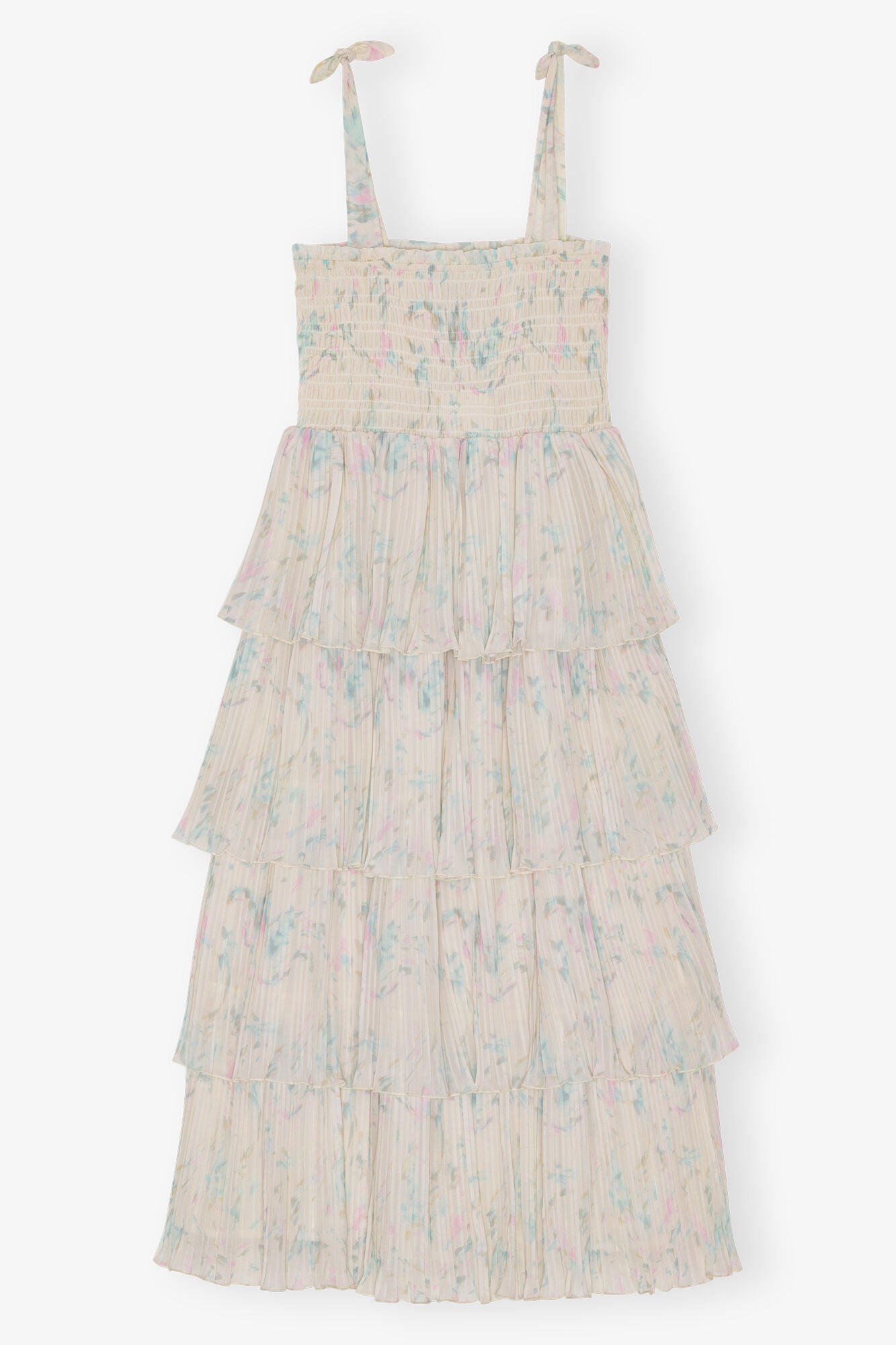 GANNI New Floral Printed Pleated Georgette Strap Smock Midi Dress