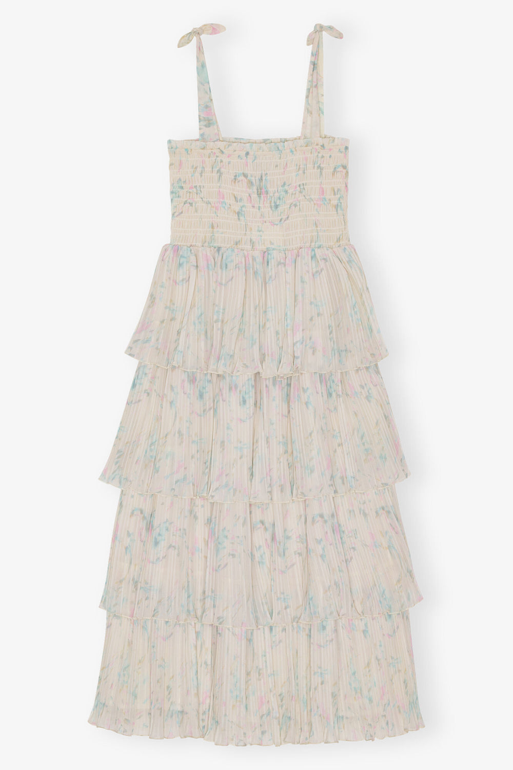 GANNI New Floral Printed Pleated Georgette Strap Smock Midi Dress