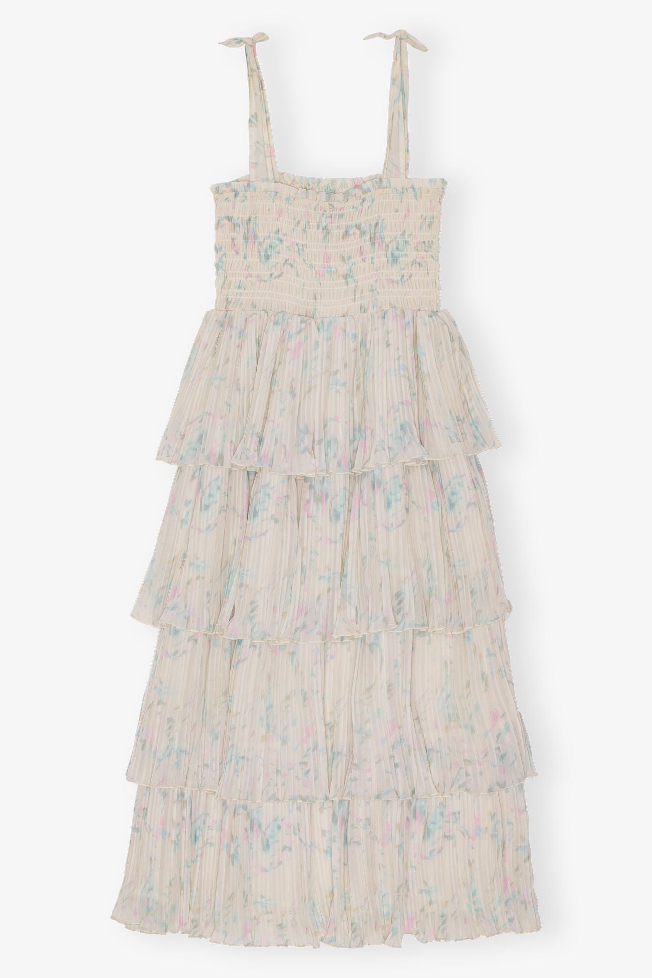 GANNI New Floral Printed Pleated Georgette Strap Smock Midi Dress
