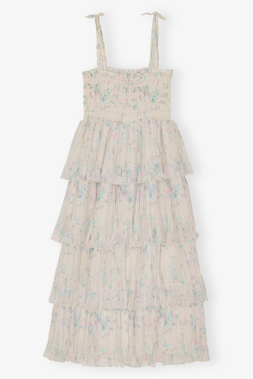 GANNI New Floral Printed Pleated Georgette Strap Smock Midi Dress