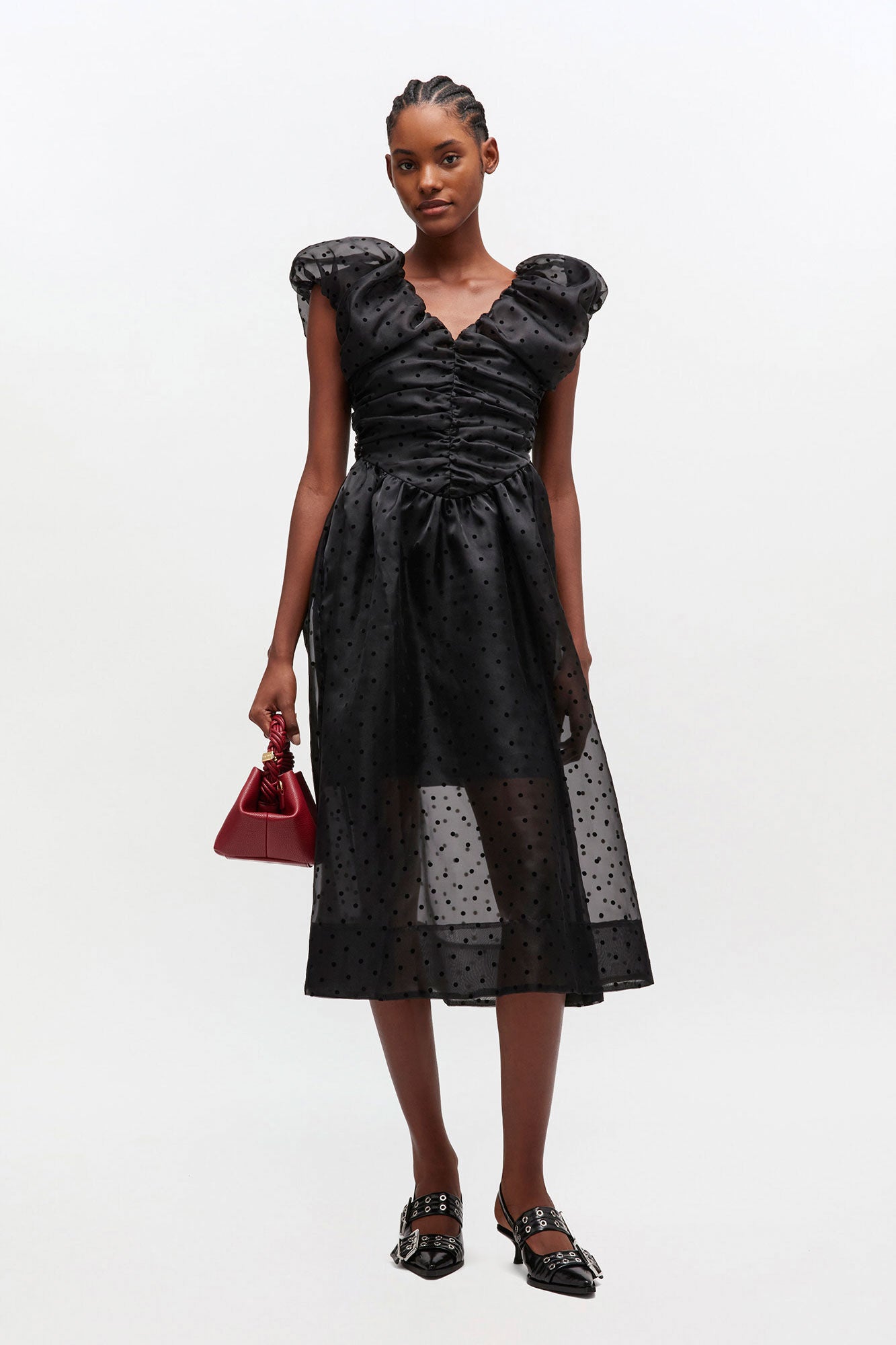 GANNI Outlet Black Organza Ruched Dress