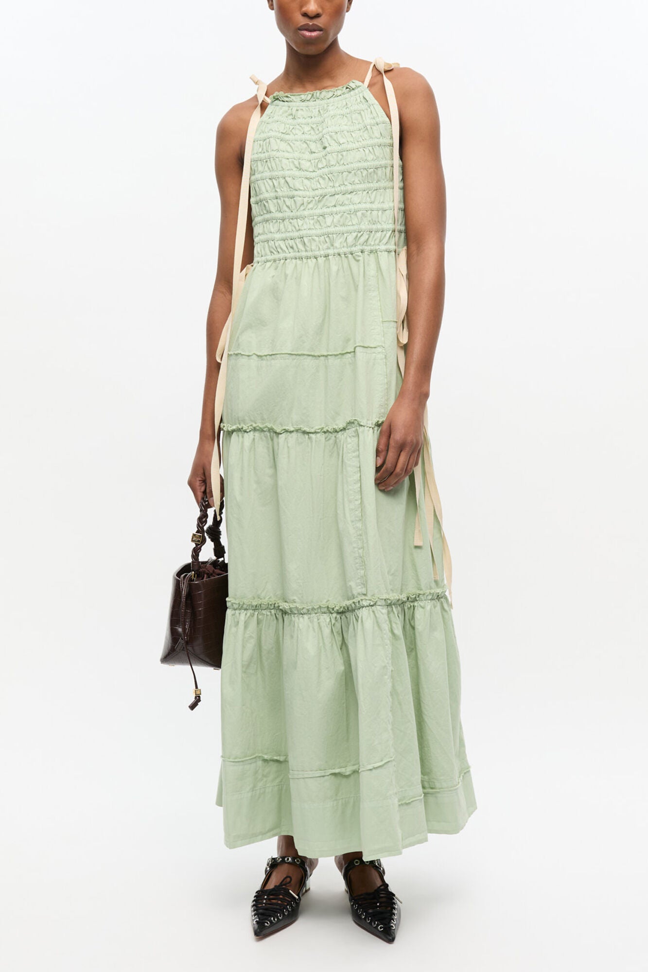 GANNI Outlet Light Green Smocked Tiered Dress