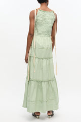 GANNI Outlet Light Green Smocked Tiered Dress