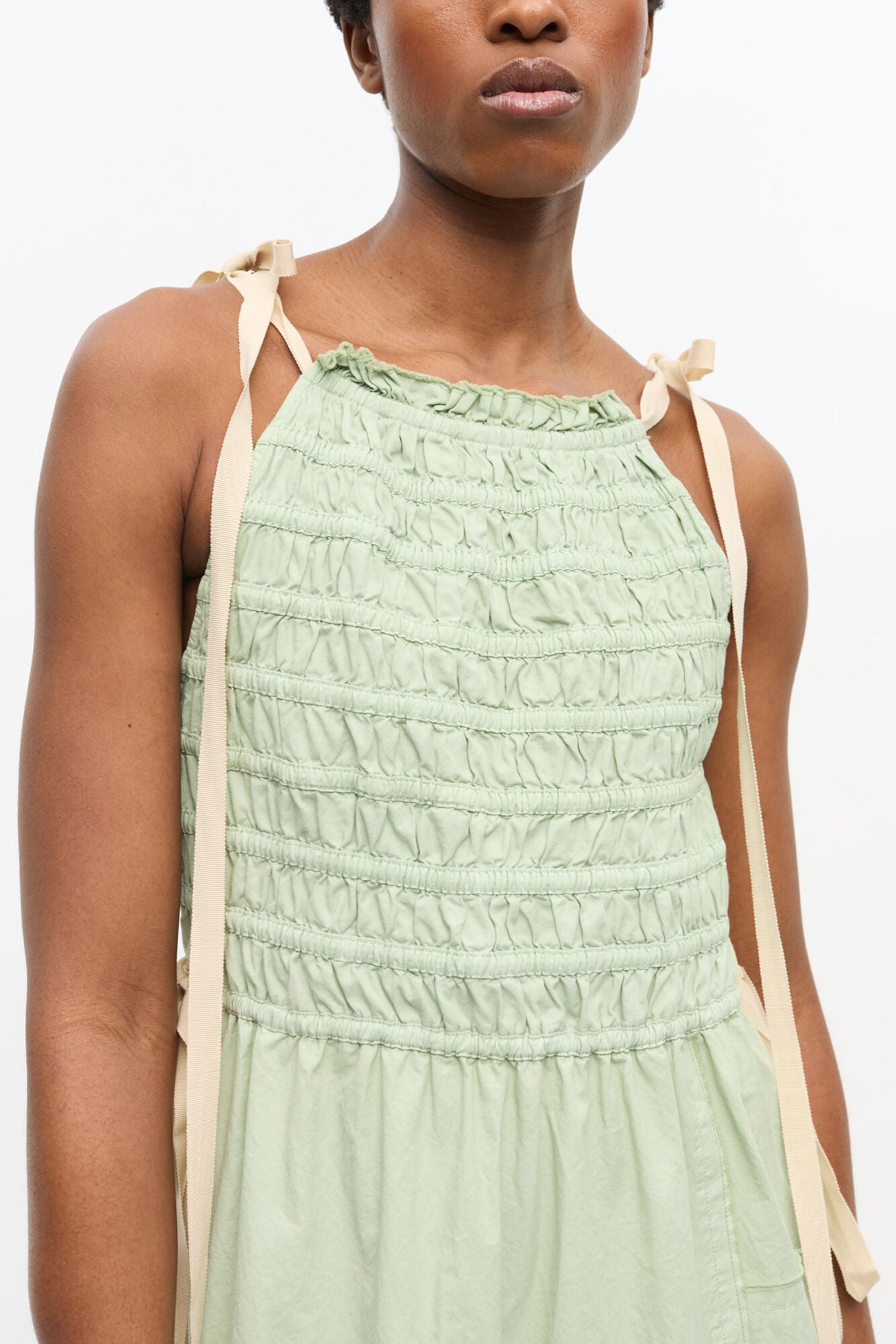 GANNI Outlet Light Green Smocked Tiered Dress