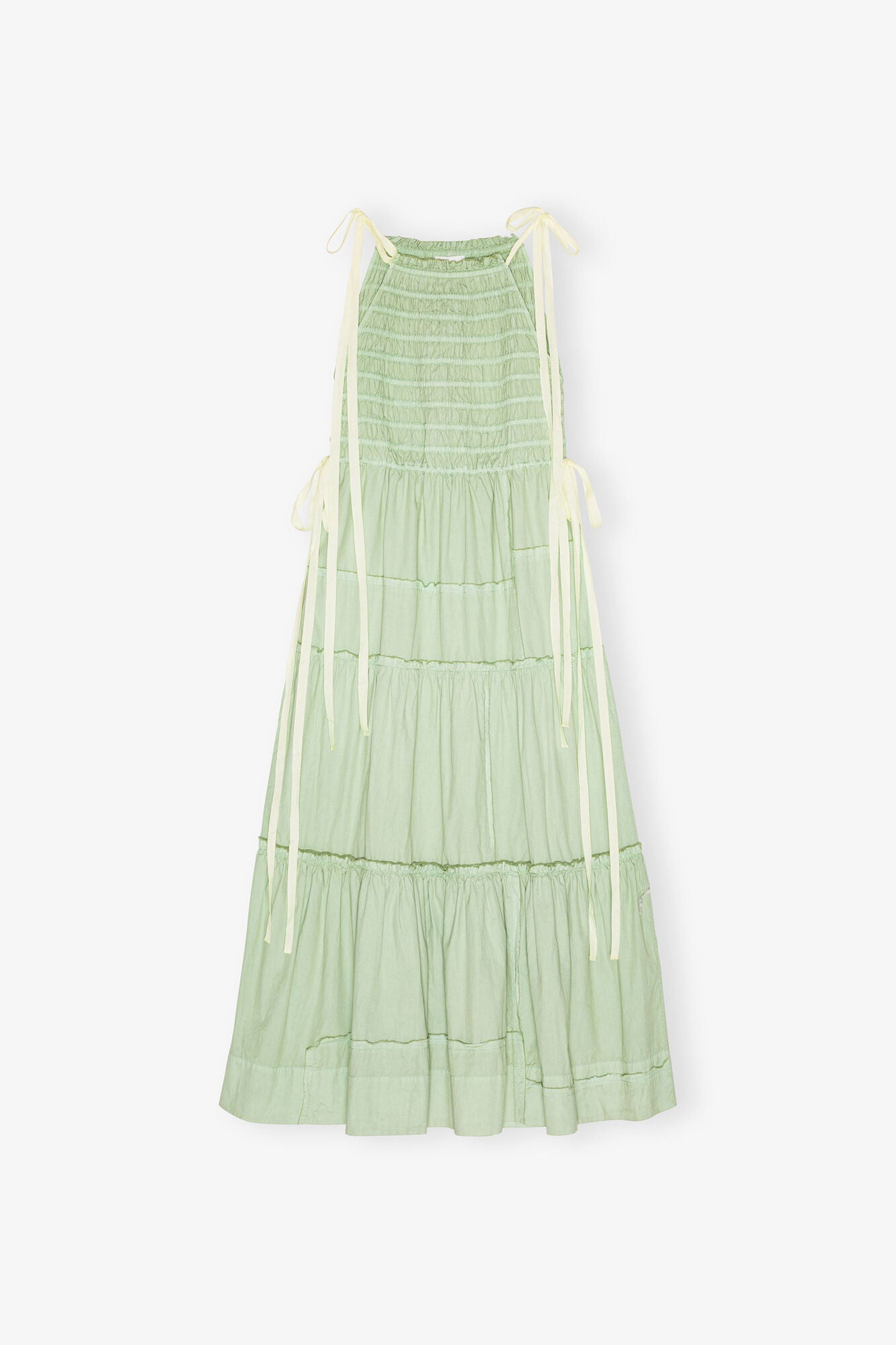 GANNI Outlet Light Green Smocked Tiered Dress