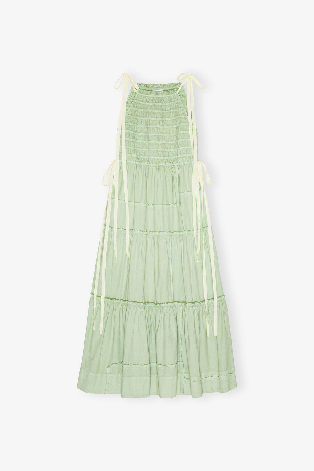 GANNI Outlet Light Green Smocked Tiered Dress