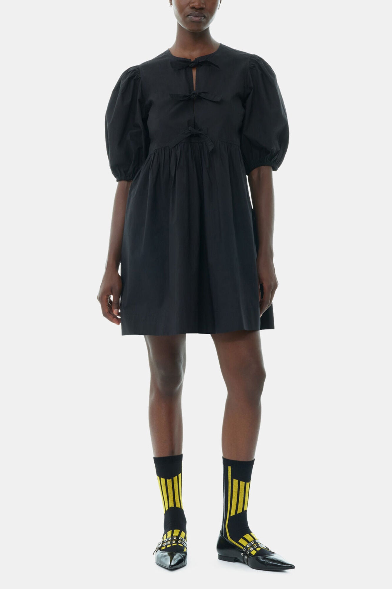 GANNI Online Black Cotton Poplin Tie String Mini Dress
