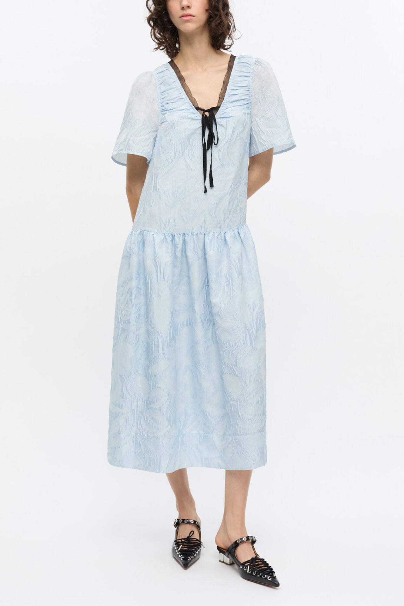 GANNI New Blue Textured Cloque Midi Dress