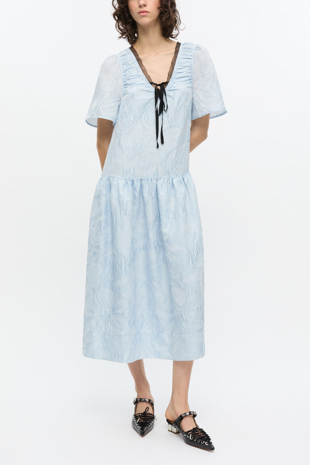 GANNI New Blue Textured Cloque Midi Dress