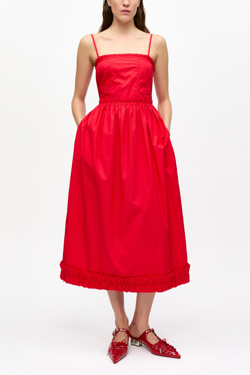 GANNI Outlet Red Cotton Poplin Strap Dress