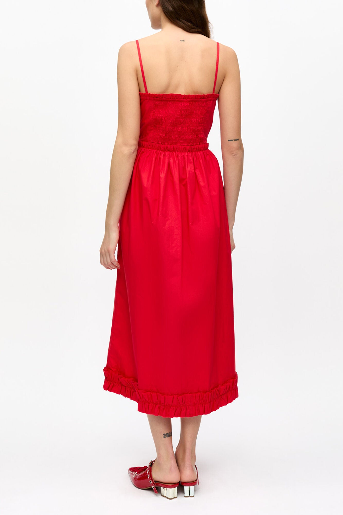 GANNI Outlet Red Cotton Poplin Strap Dress