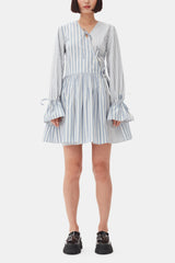 GANNI Outlet Blue Stripe Cotton Mini Wrap Dress