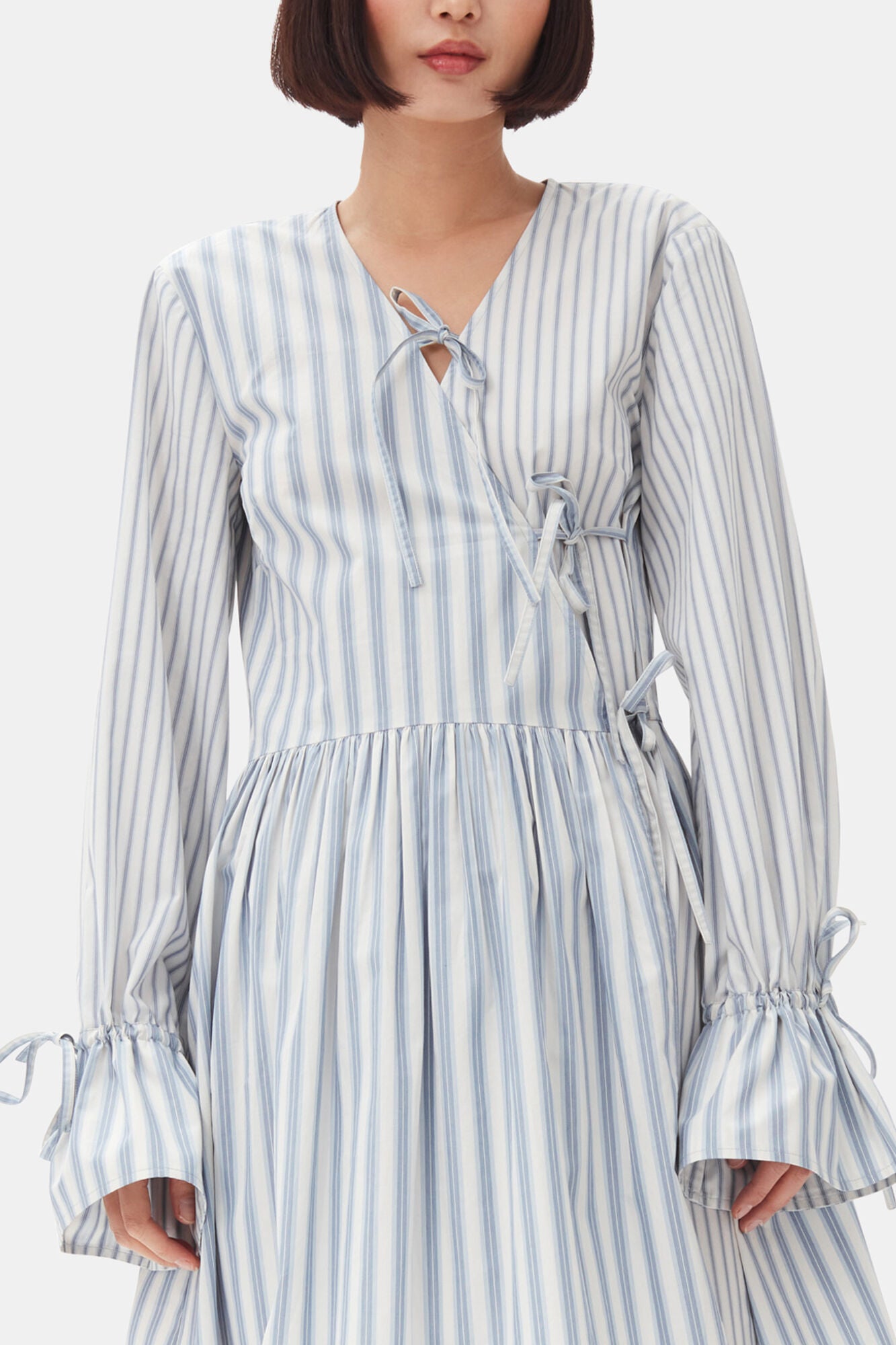 GANNI Outlet Blue Stripe Cotton Mini Wrap Dress