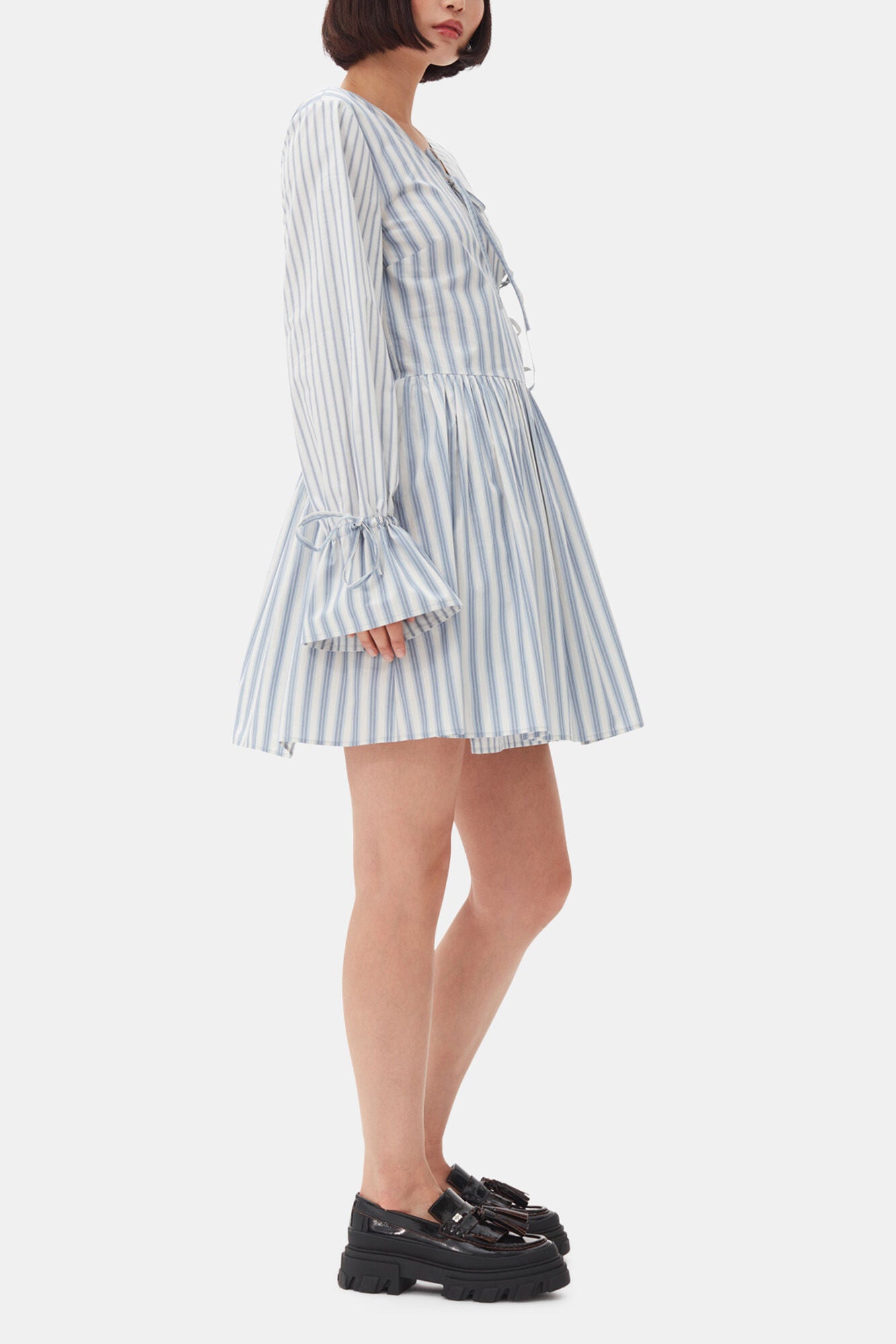 GANNI Outlet Blue Stripe Cotton Mini Wrap Dress