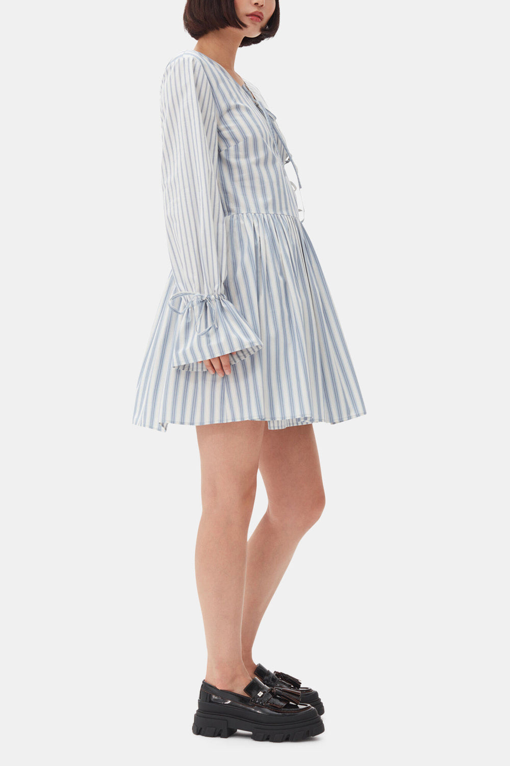 GANNI Outlet Blue Stripe Cotton Mini Wrap Dress