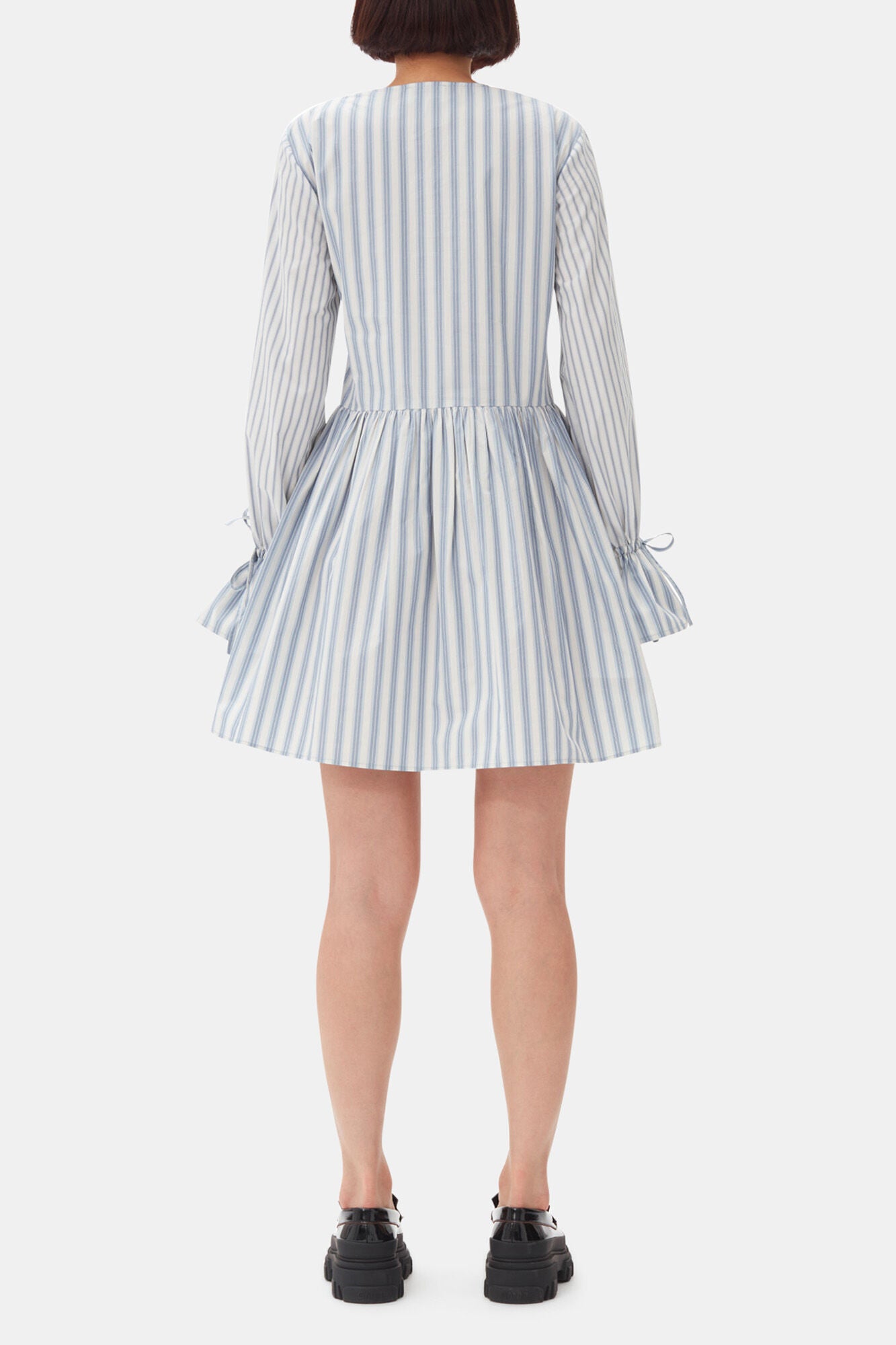 GANNI Outlet Blue Stripe Cotton Mini Wrap Dress
