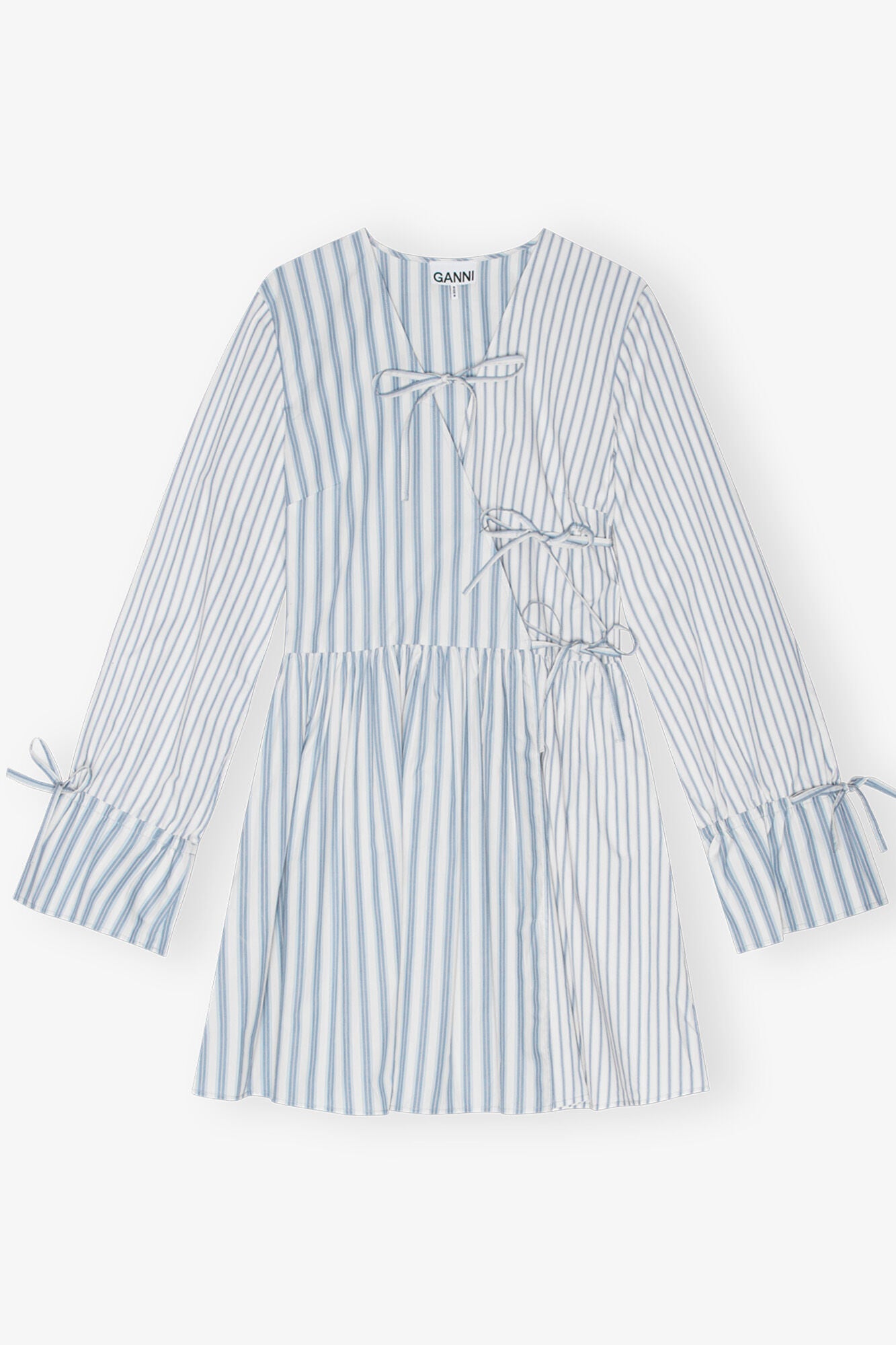 GANNI Outlet Blue Stripe Cotton Mini Wrap Dress