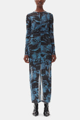 GANNI Hot Sale Blue Printed Mesh O-neck Ruched Long Dress