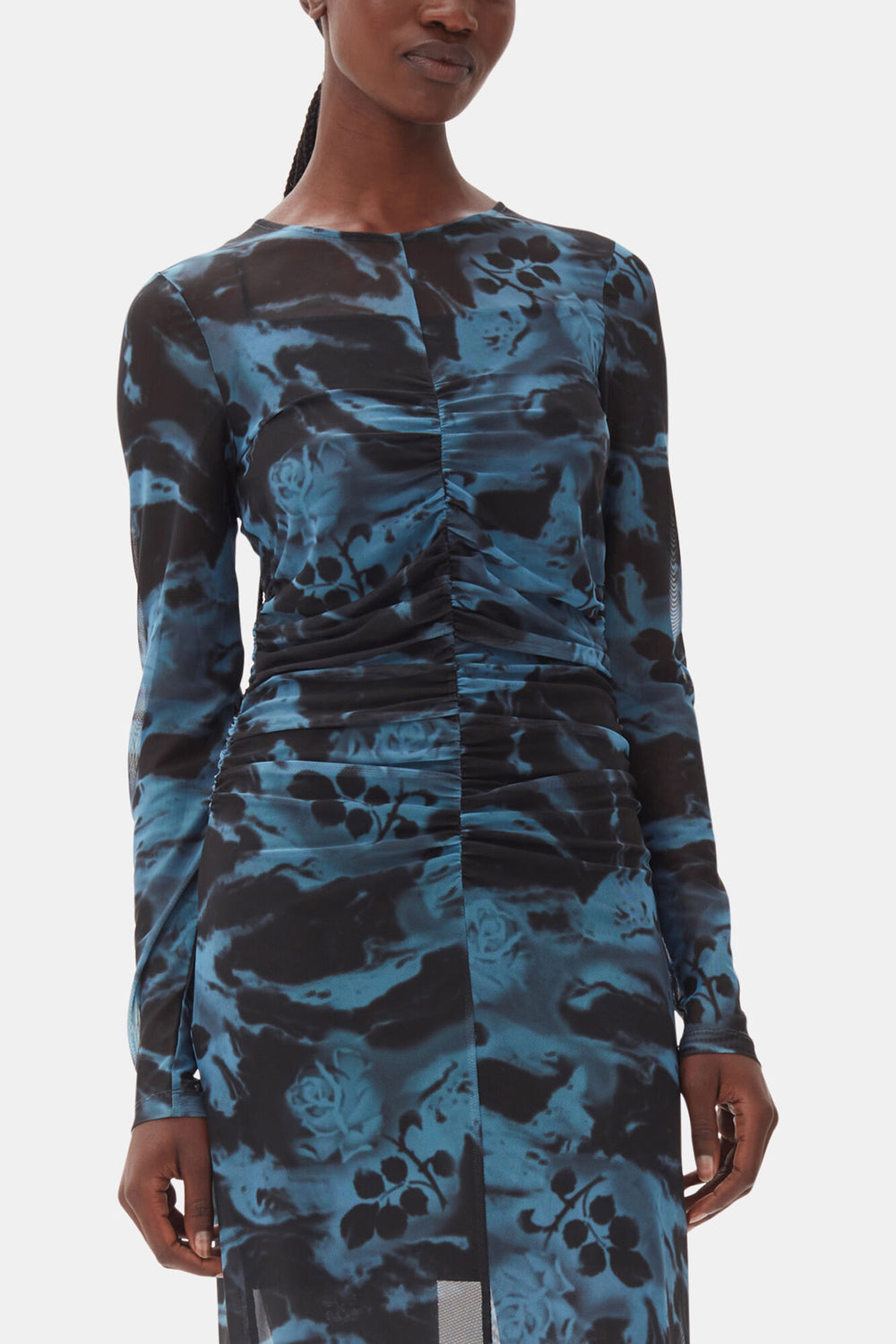 GANNI Hot Sale Blue Printed Mesh O-neck Ruched Long Dress