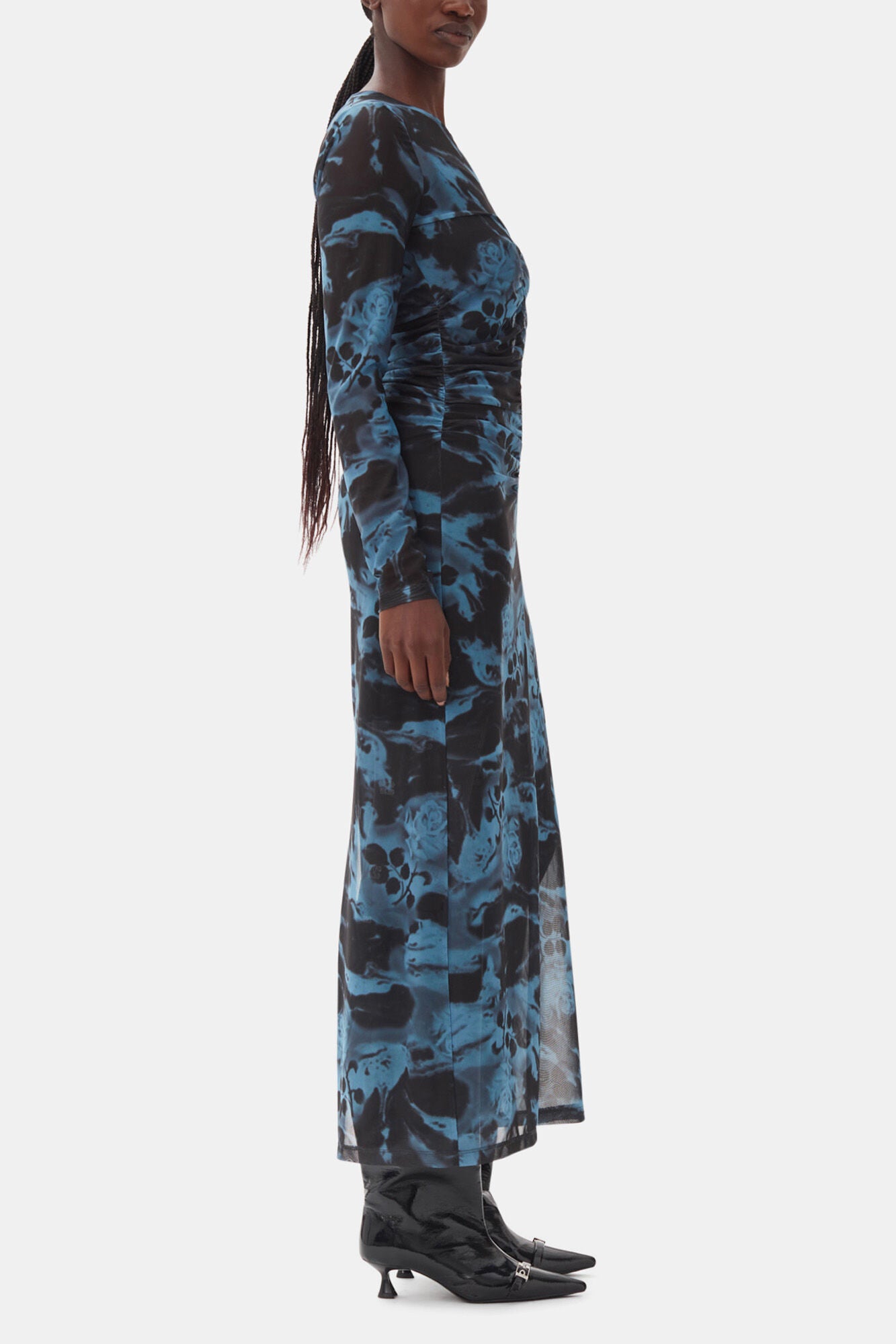 GANNI Hot Sale Blue Printed Mesh O-neck Ruched Long Dress